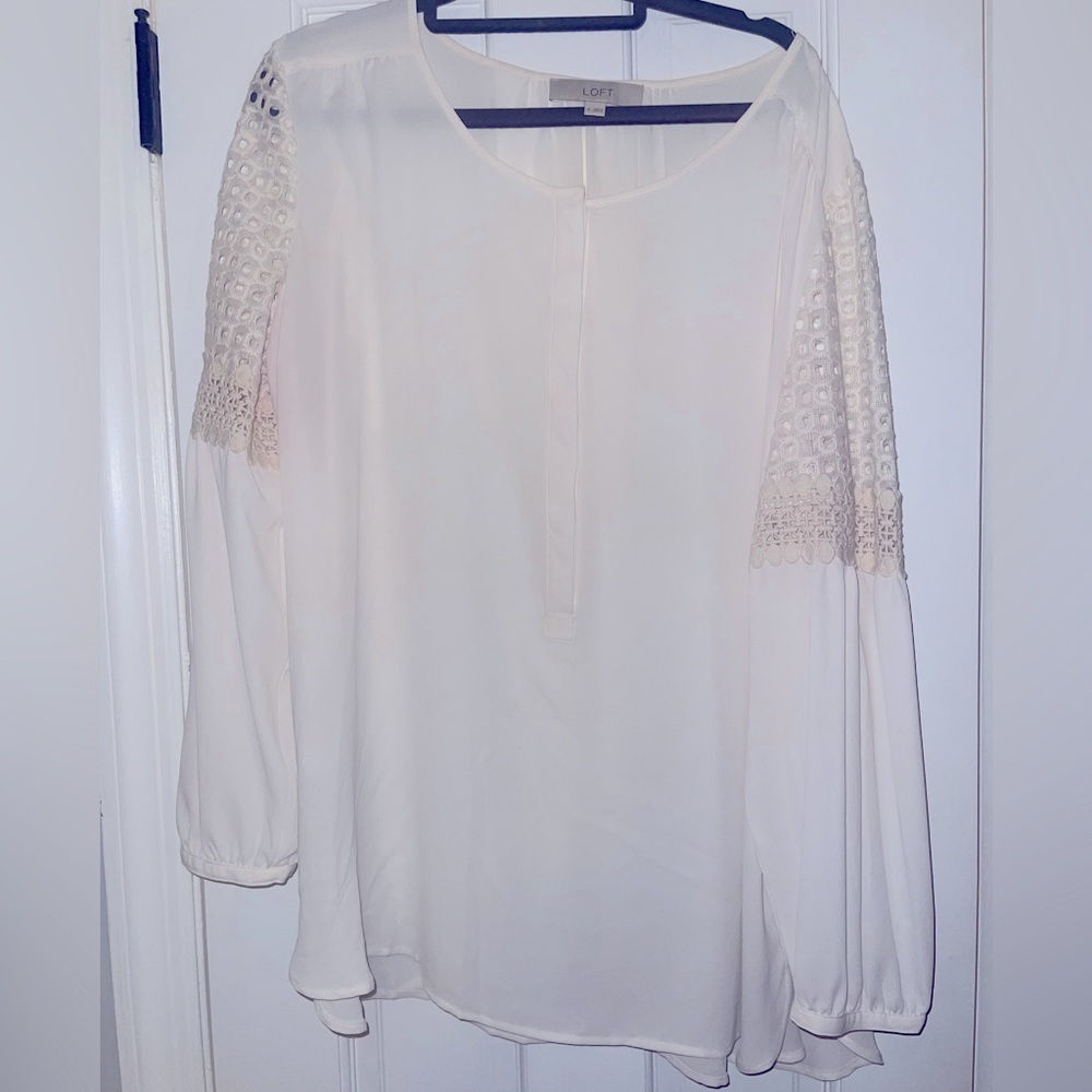 LOFT White Blouse With Lace Sleeve Detail